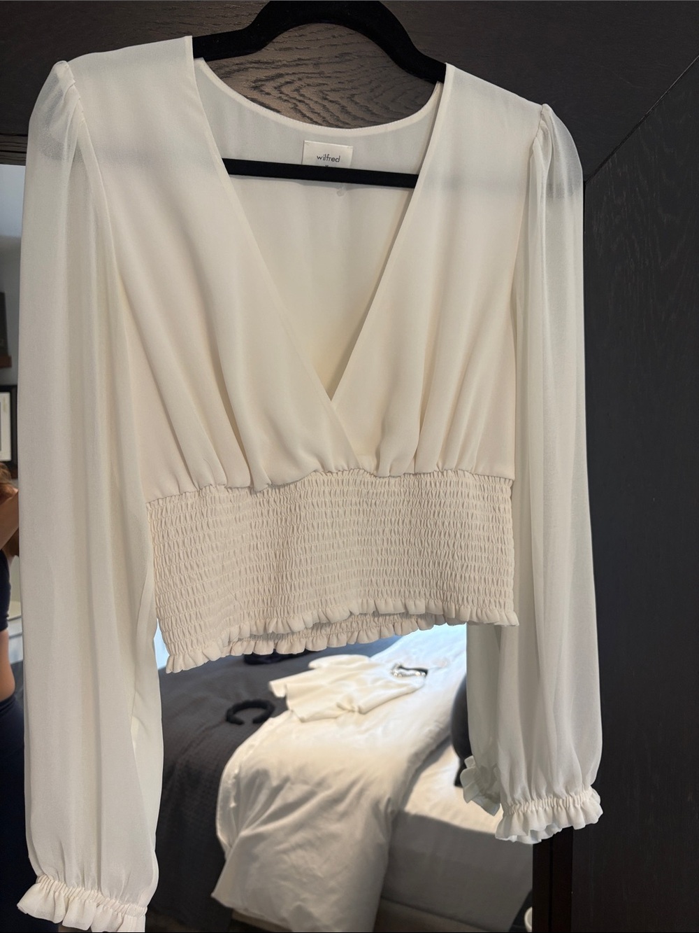 Wilfred Ivory Smocked-Waist V-Neck Long-Sleeve Blouse